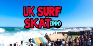 Surfers and skateboarders at the UK Surf and Skate Expo.