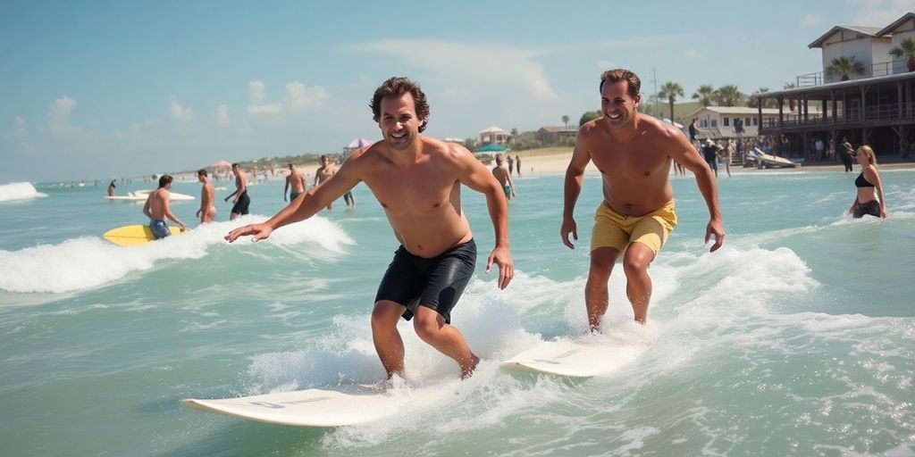 Matthew McConaughey and Drew Brees surfing at Austin Surf Club.