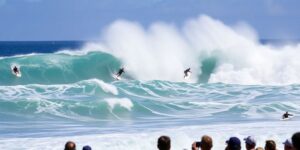 Surfers battling waves at the Margaret River Pro event.