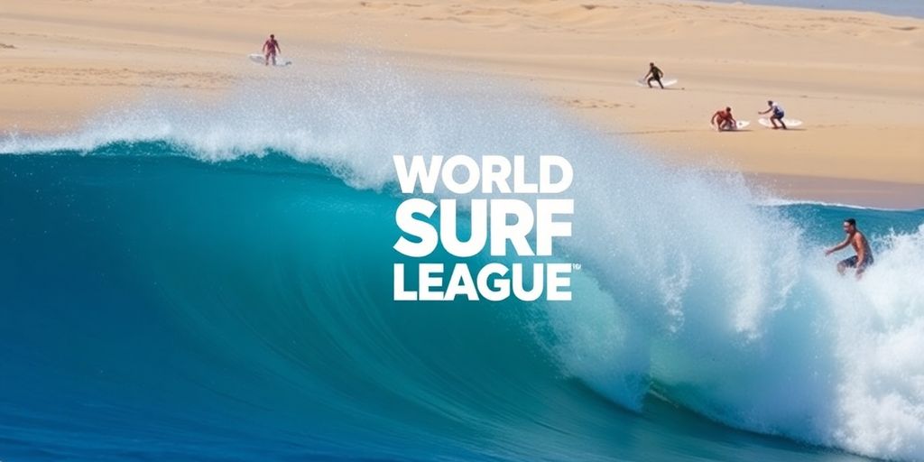 Surfers riding waves on a sunny beach during competition.