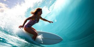 Female surfer conquering a wave at Pipeline.