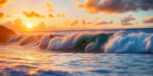 Surfers riding waves at Pipeline during sunset.