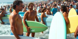 Surfers and beachgoers at the Austin Surf Club event.