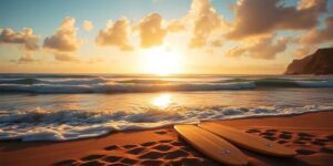 Clyde Aikau remembered with waves and surfboards at sunset.
