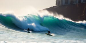 Surfers riding waves at a beach during a competition.