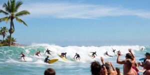 Surfers riding waves at Austin Surf Club under blue sky.