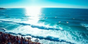 Surfers battling waves at the Margaret River Pro.