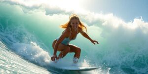 Stephanie Gilmore surfing a massive wave during competition.