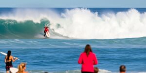 Women surfers competing in powerful waves at Margaret River.