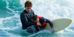 Teen rescues paddleboarder in dramatic ocean surf.