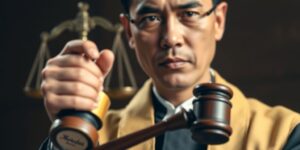 Indonesian judge, gavel, and scales of justice.