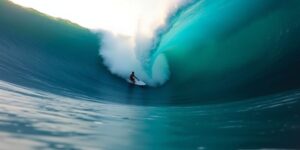 Surfer on large Pipeline wave