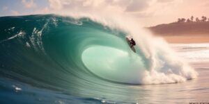 Surfer on large Pipeline wave