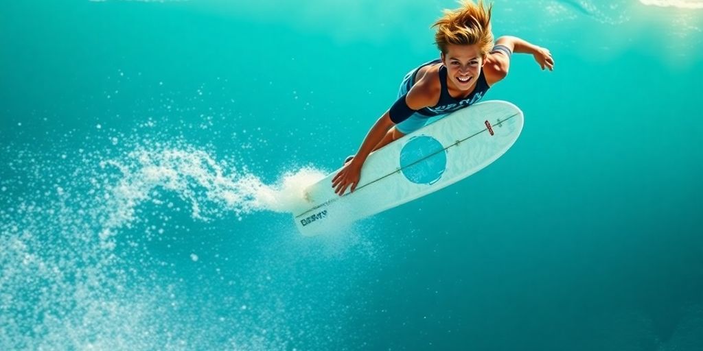 Teen Hughie Vaughan launching high in the air on a surfboard.