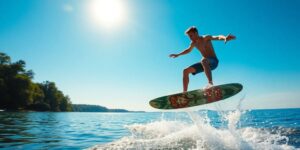 Teenager on surfboard mid-air over Texas lake.