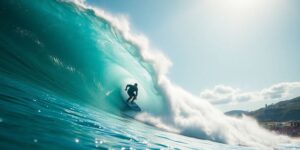 Surfer rides large wave during competition.