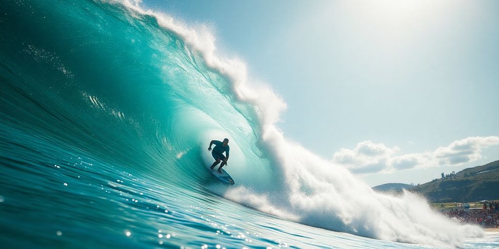 Surfer rides large wave during competition.