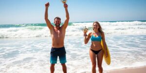Surfer celebrates win, ocean waves, sunny sky