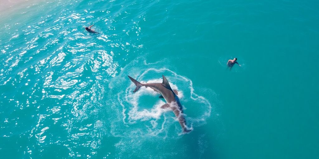 Shark fin emerges from ocean near swimmers.