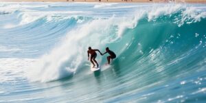 Young surfers riding waves in Capbreton competition