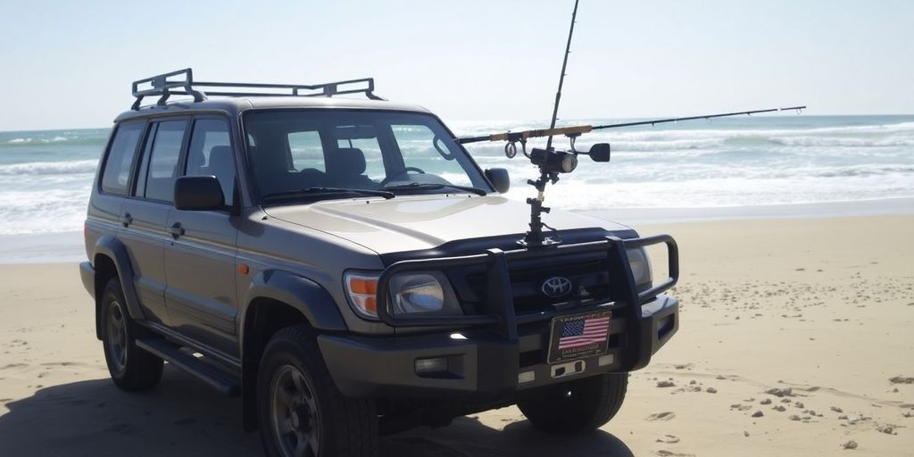 SUV on beach, surf fishing rod