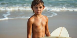 Teen surfer emerges from ocean after shark encounter.