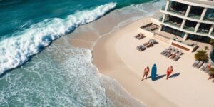 Luxury surf club, ocean waves, wealthy members.