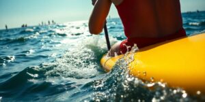 Lifeguard on paddleboard in rough ocean waves.
