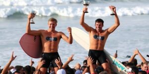 Surfers celebrate winning J-Bay Open titles.