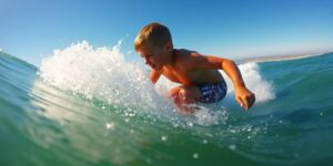 Surfer on a wave with water splashing