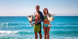 Surfers on podium, holding trophies, ocean background.
