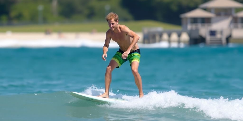 Prince Harry surfing a wave at Kelly Slater Surf Ranch.