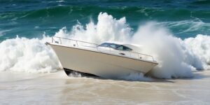 Yacht aground on a Hawaiian beach amid large waves.