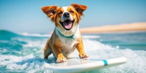 Dog surfing on a wave at the beach.