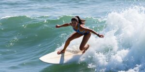 Surfing star Indi riding a wave, looking determined.