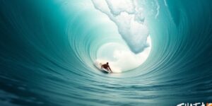 Surfer riding pipeline wave.