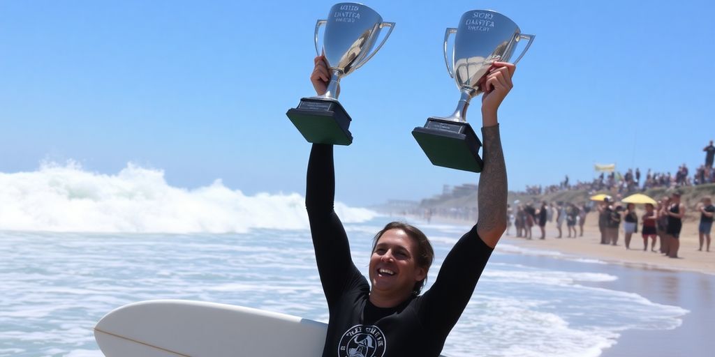 Surfer riding a wave, cheering crowd.