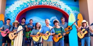 Surfers playing ukuleles and guitars at a music center opening.