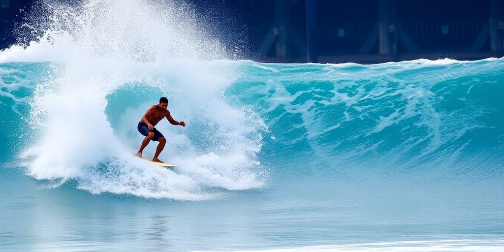Surfer rides a powerful wave at WSL Surf Ranch Pro.
