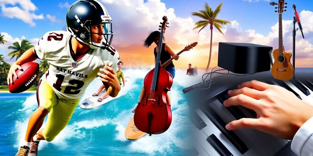 Hawaii weekend events: football, waves, music, piano.