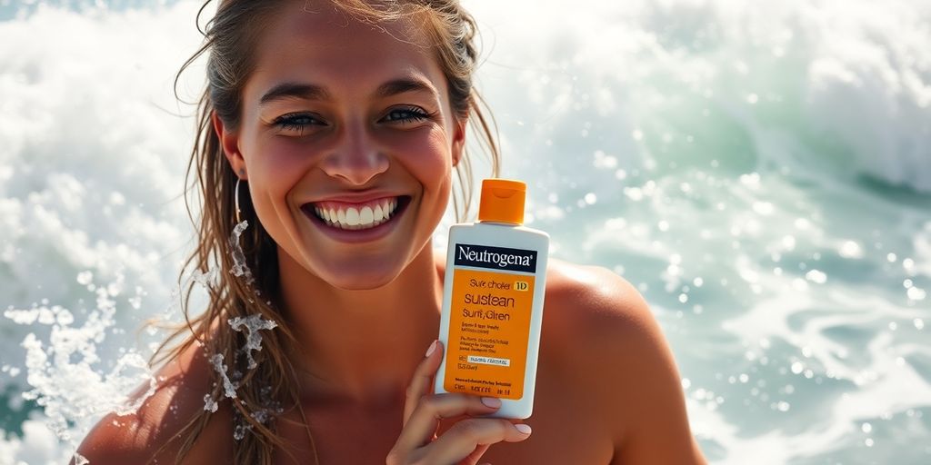 Neutrogena bottle on a surfboard.