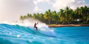 Longboard surfer rides wave at Hawaiian competition.