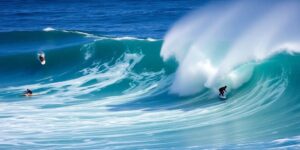 Surfers ride powerful waves at Pipeline.