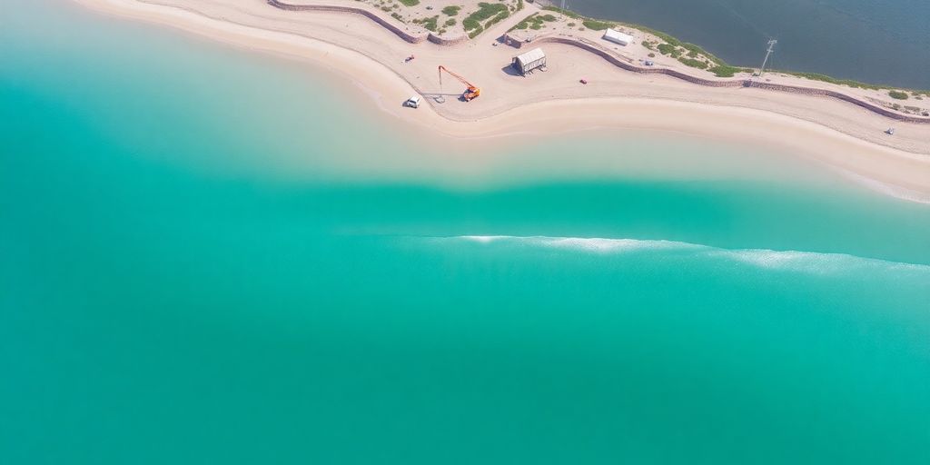 Aerial view of a large, empty lagoon designed for surfing.
