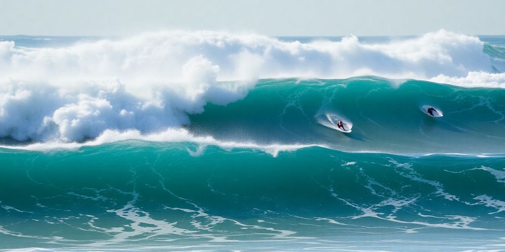 Surfers ride waves at a championship competition.