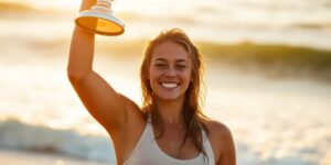 Sawyer Lindblad celebrating surfing victory with trophy.