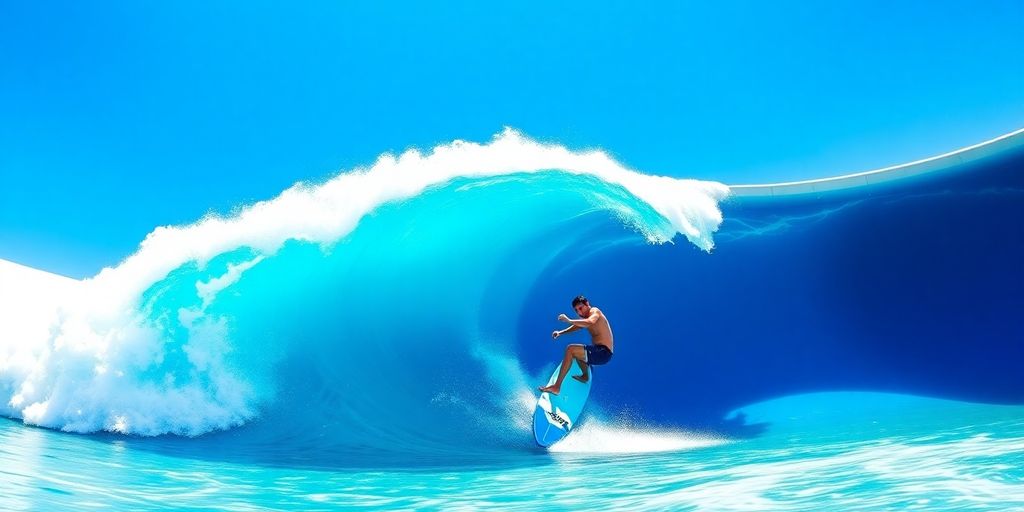 Surfer riding a wave in a modern surf park.