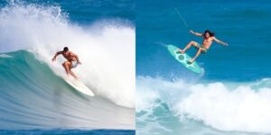 Surfers performing advanced maneuvers on ocean waves.