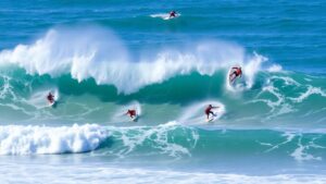 Surfers riding powerful waves in a championship competition.