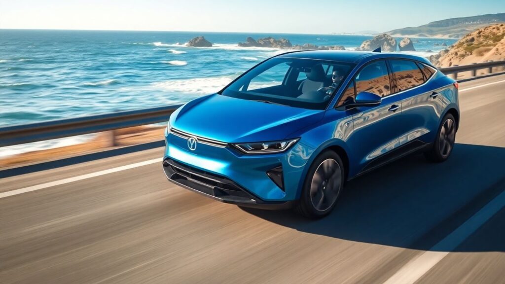 BYD Dolphin EV driving on a scenic coastal road.